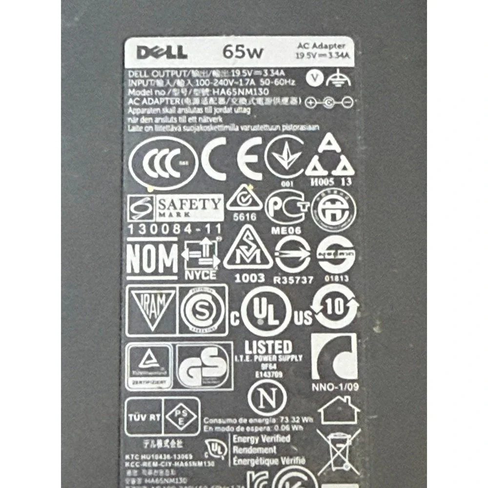 Dell 65W AC Adapter Laptop Charger Power Supply HA65NM130 19.5V 3.34A Black
